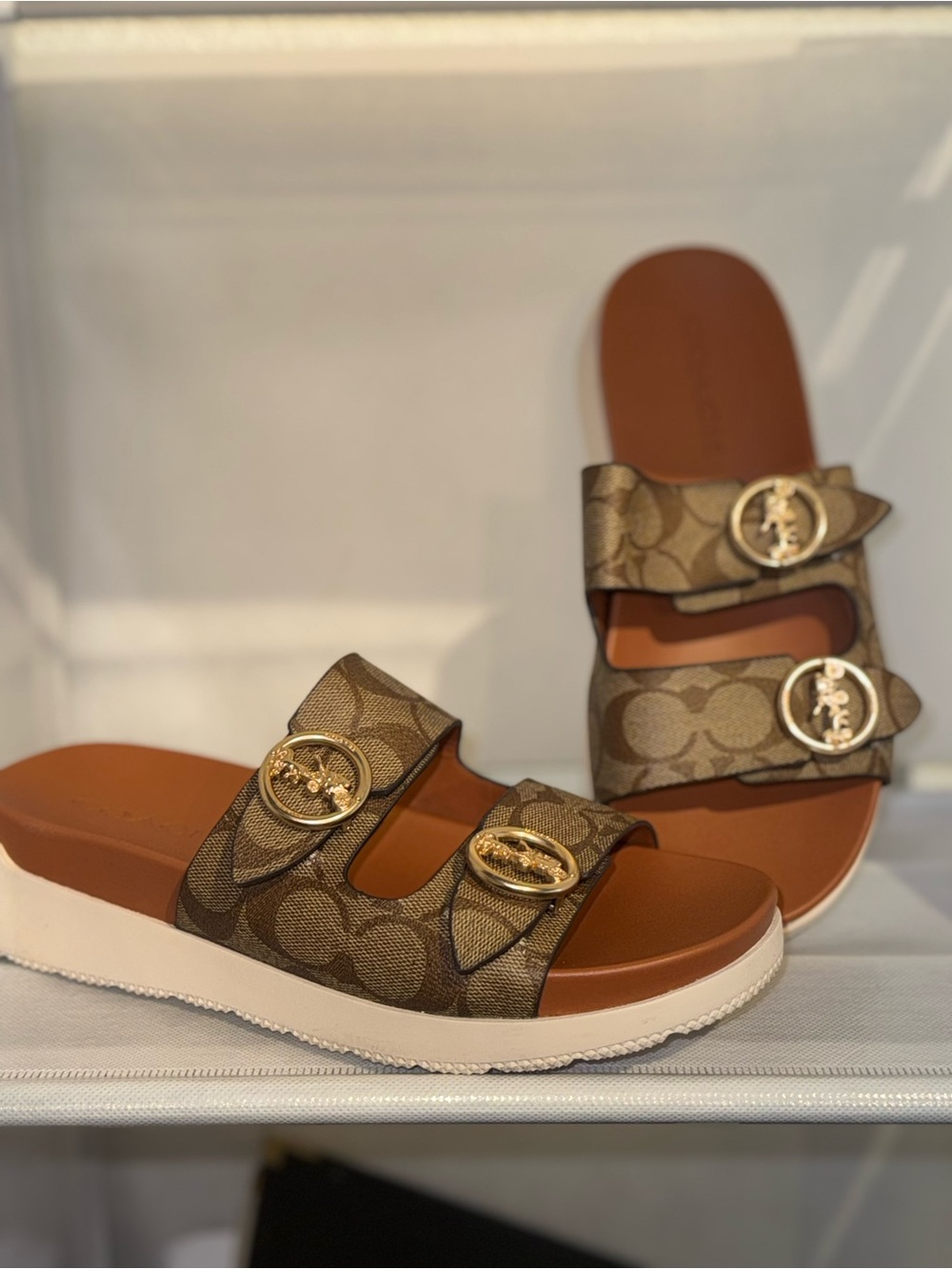 Coach Brown Signature Monogram Double-Buckle Slide Sandals - Picture 3 of 5